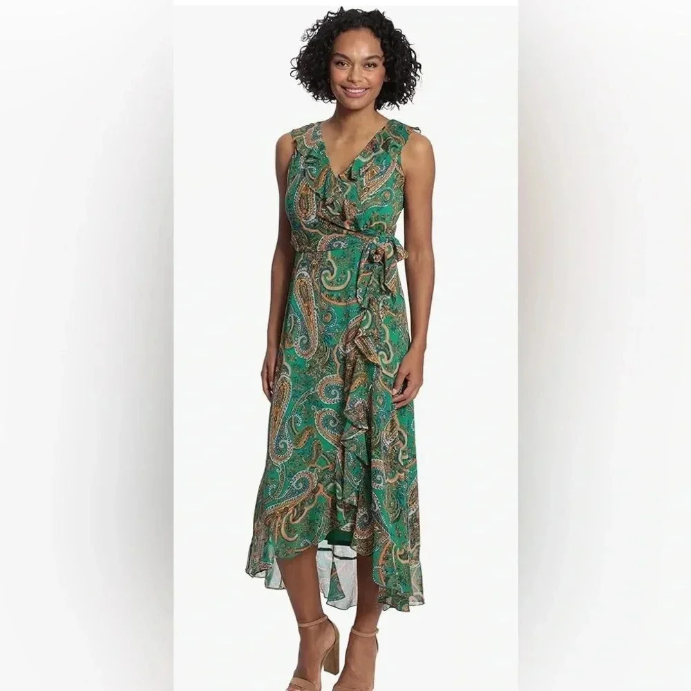 NWT London Times Women’s Maxi Paisley Ruffle Detail Hi-Low Faux Wrap Dress 12